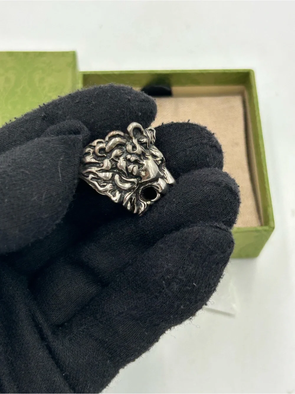 Unisex, Gucci, aged silver Lionhead  ring open mouth, roaring expression, size 8